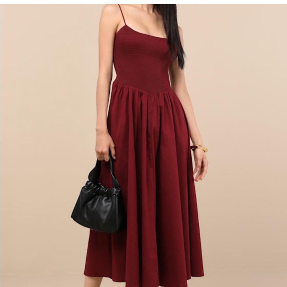 Lush Smocked Cotton Basque Waist Midi Sundress Size S Burgundy